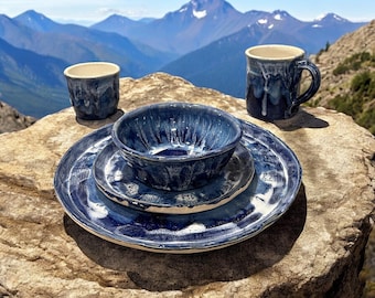 Handbuilt and Wheel-Thrown Complete Dinnerware Set #71 in Deep Ice Blue