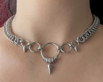 Spiked O Ring Chainmail Choker: Gothic Stainless Steel Necklace