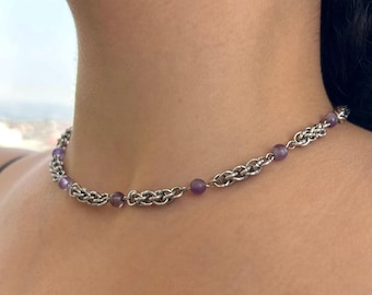 Handmade Medieval Chainmail Necklace: Stainless Steel & Amethyst