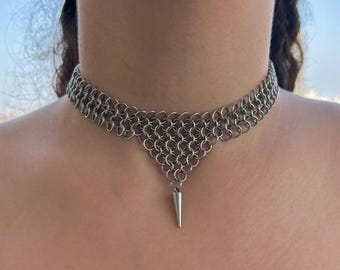 Spiked Stainless Steel Chainmail Necklace: Handmade Ren Faire Jewelry