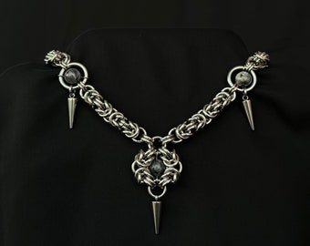 Gothic Spiked Chainmail Necklace – Stainless Steel Dark Fantasy Statement Necklace with Larvikite Gemstone