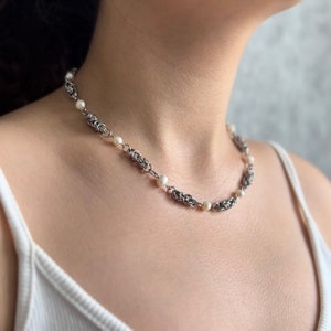 Medieval Byzantine Chainmail Necklace With Pearls | Byzantine Stainless Steel Chainmail Necklace | Stainless Steel Choker | Medieval Jewelry