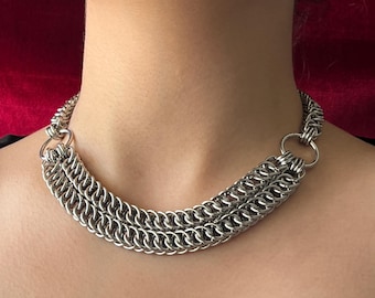 Stainless Steel Chainmail Choker: Double Strand Half Persian Weave
