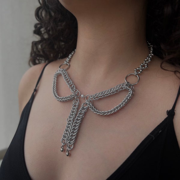 Half Persian Coquette Ribbon Necklace Bow Chainmail Necklace Half Persian Weave Ribbon Silver Chainmail With Freshwater Pearl