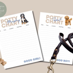 Könnte beinhalten: Zwei druckbare Töpfchentraining-Diagramme für Hunde. Das Diagramm auf der linken Seite zeigt einen Berner Sennenhund mit dem Namen "Murphy" und dem Text "Potty Chart". Das Diagramm auf der rechten Seite zeigt einen Goldendoodle mit dem Namen "Sport" und dem Text "Potty Chart". Beide Diagramme haben Spalten für Datum, Uhrzeit, Ort, Pipi/Kacka und Notizen. Das Diagramm auf der linken Seite hat den Text "Good Girl!" unten. Das Diagramm auf der rechten Seite hat den Text "Good Boy!" unten.