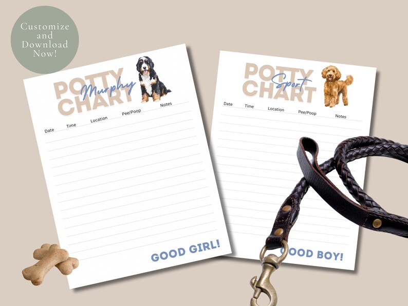 K&ouml;nnte beinhalten: Zwei druckbare T&ouml;pfchentraining-Diagramme f&uuml;r Hunde. Das Diagramm auf der linken Seite zeigt einen Berner Sennenhund mit dem Namen "Murphy" und dem Text "Potty Chart". Das Diagramm auf der rechten Seite zeigt einen Goldendoodle mit dem Namen "Sport" und dem Text "Potty Chart". Beide Diagramme haben Spalten f&uuml;r Datum, Uhrzeit, Ort, Pipi/Kacka und Notizen. Das Diagramm auf der linken Seite hat den Text "Good Girl!" unten. Das Diagramm auf der rechten Seite hat den Text "Good Boy!" unten.