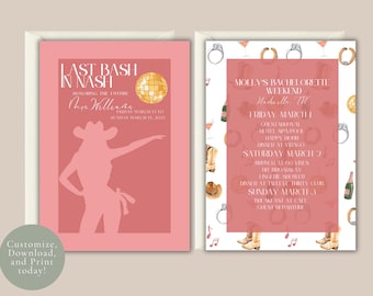 Cowgirl Nash Bash Bachelorette Einladen & Reiseplan | Nashville Austin Theme | Druckbare Download-Reiseplan