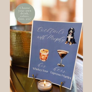 Placa de bebida de casamento personalizada | Coquetéis exclusivos para ele e para ela | Modelo Canva faça você mesmo | Menu especial para animais de estimação incluído"
