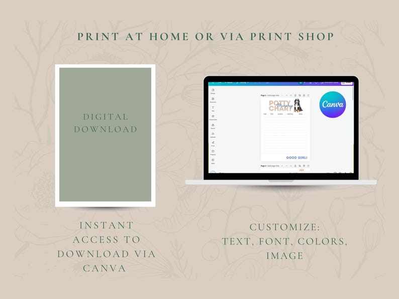 K&ouml;nnte beinhalten: Ein digitaler Download eines druckbaren T&ouml;pfchentraining-Diagramms mit einem Hund. Das Diagramm kann mit Text, Schriftart, Farben und einem Bild angepasst werden. Das Diagramm steht zum sofortigen Download &uuml;ber Canva zur Verf&uuml;gung.