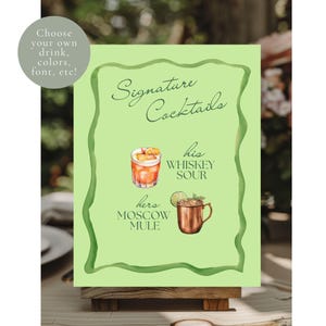Personalisierte Hochzeit Drink Zeichen | Seine und Ihre Signature Cocktails | DIY Canva Vorlage | Haustierspezialität enthalten | Wellenrand am Aquarellrand