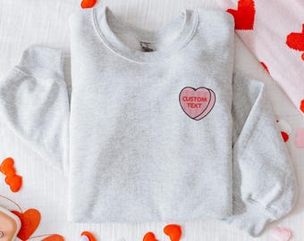 Embroidered Custom Conversation Heart Valentines Day Crewneck, Embroidered Heart Sweatshirt, Valentine's Day Sweater