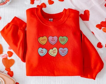 Embroidered Conversation Heart Valentines Day Crewneck, Embroidered Heart Sweatshirt, Valentine's Day Sweater