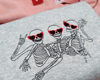 Embroidered Skeleton Crewneck: Heart Sunglasses Valentine's Sweatshirt
