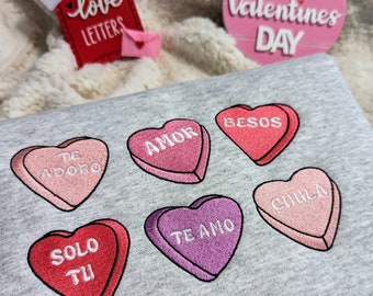 Embroidered Spanish Candy Hearts Sweatshirt: Valentine's Day Crewneck