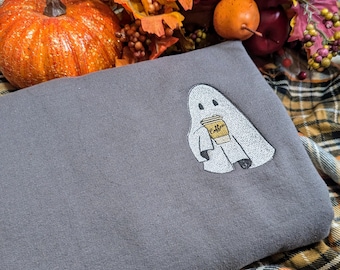 Sudadera con bordado de fantasmas y café - Cuello redondo de Halloween