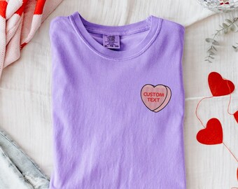 Embroidered Custom Conversation Heart T-shirt, Embroidered Personalized Valentine's Day T-shirt, 100% Cotton V-Day T-shirt