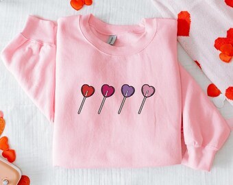 Embroidered Heart Lolipop Valentines Day Crewneck, Embroidered Heart Candy Sweatshirt, Valentine's Day Sweater