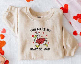 Embroidered Goose Valentines Day Crewneck, Embroidered Heart Sweatshirt, Valentine's Day Sweater, You Make My Heart Go Honk Goose Sweater