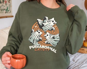 Purranormal Cativity Halloween Sweatshirt, Cat Halloween Shirt, Cat Ghost Crewneck, Unisex