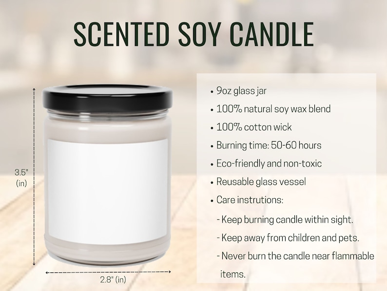 May include: A 9-ounce glass jar candle with a white label. The candle is made with 100% natural soy wax and a cotton wick. It has a burn time of 50-60 hours and is eco-friendly and non-toxic. The jar is reusable. Care instructions include keeping the candle within sight, away from children and pets, and never burning it near flammable items.