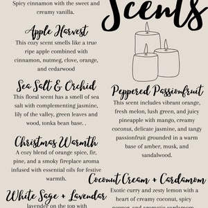 May include: A graphic with the word "Scents" in a decorative font, with illustrations of candles below. The graphic lists ten different candle scents with descriptions of each scent's fragrance notes.