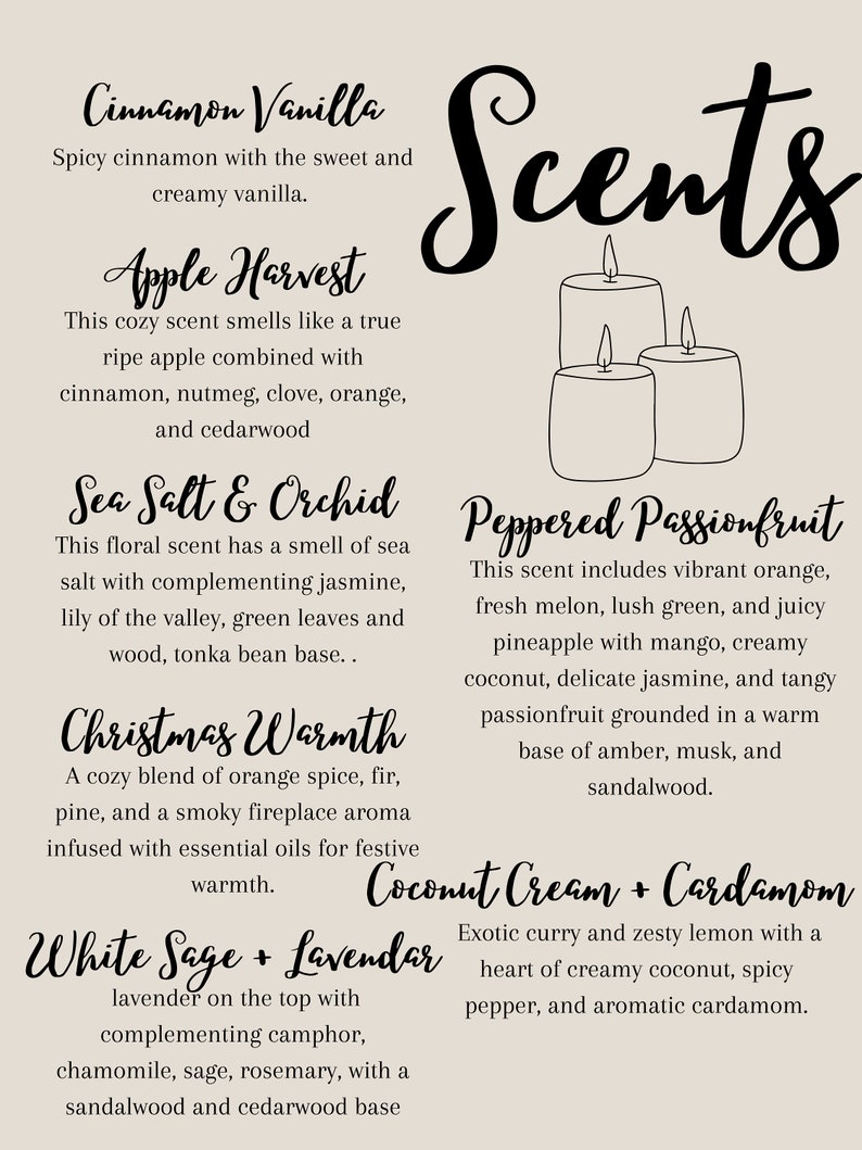 May include: A graphic with the word "Scents" in a decorative font, with illustrations of candles below. The graphic lists ten different candle scents with descriptions of each scent's fragrance notes.