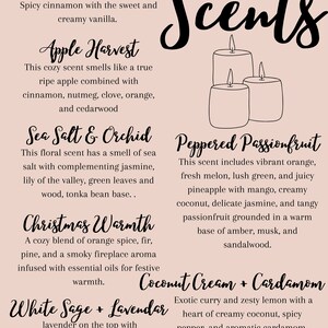 May include: A pink background with black text listing different candle scents. The scents are: Cinnamon Vanilla, Apple Harvest, Sea Salt & Orchid, Peppered Passionfruit, Christmas Warmth, White Sage + Lavendar, and Coconut Cream + Cardamom.
