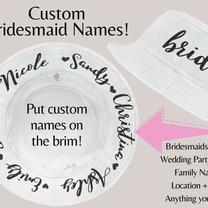 Custom Bridesmaids Names Bride Bucket Hat, Babe Bucket Hat, Wedding Bucket Hat, Bachelorette Party Bucket Hat, Custom Bucket Hats, Hat Gift