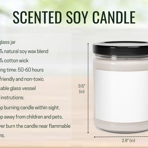 May include: A 9 ounce glass jar soy candle with a black lid. The candle is 3.5 inches tall and 2.8 inches wide. The candle is made with 100% natural soy wax and a 100% cotton wick. The candle has a burn time of 50-60 hours. The candle is eco-friendly and non-toxic. The glass jar is reusable.