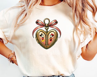Comfort Colors T-Shirt\ Mickey Locket T-Shirt, Cute Locket Bow T Shirt, Vintage Disney Heart Locket Mickey Minnie Shirt, Disney Locket Shirt