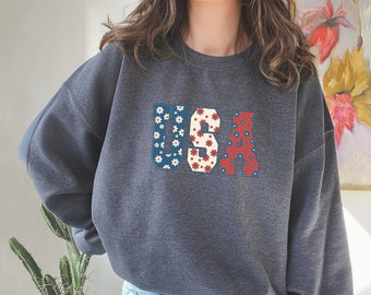 USA Flag Sweatshirt: Floral Patriotic 4th of July Gift