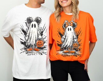 Retro Mickey and Minnie Halloween Couple Shirts: Spooky Ghost Tees