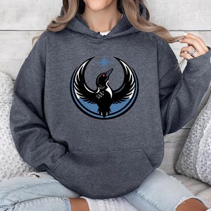 May include: Dark gray hooded sweatshirt featuring a circular graphic of a bird with outstretched wings, a star, and a blue ring. The bird is black and white with a red eye. The sweatshirt has a front pocket and a drawstring hood.