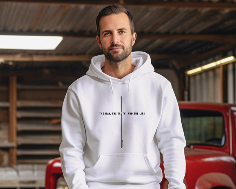 May include: White hooded sweatshirt with the text "THE WAY, THE TRUTH, AND THE LIFE" printed on the front.