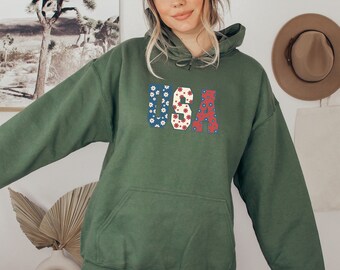 Floral USA Flag Hoodie: Patriotic 4th of July Pullover