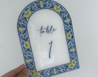 Acrylic Arch Wedding Table Numbers | Amalfi Coast Lemon Theme | Blue Italian Tile Border Reception Signage 5x7 inches