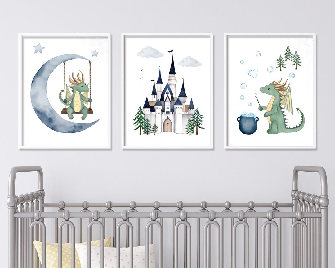 Set of 3 Watercolor Dragon Nursery Wall Art Castle Printables in Navy ...