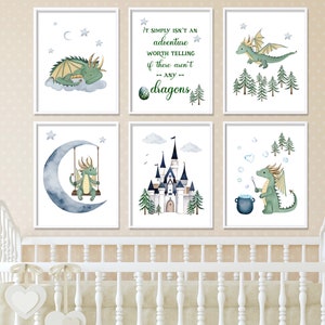 Set of 6 Watercolor Dragon Nursery Wall Art Prints Printables Green and ...