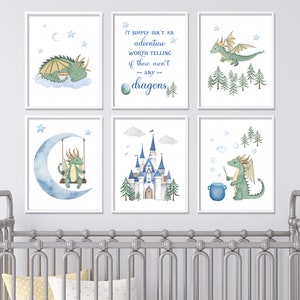 Set of 6 Watercolor Dragon Nursery Wall Art Printables in Blue | Baby Dragons Kids Room Decor | Dragon Nursery Art | Digital Download