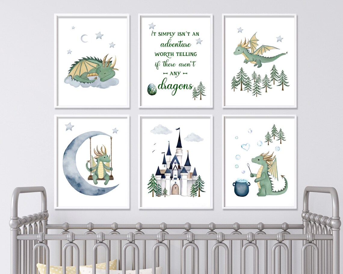 Set of 6 Watercolor Dragon Nursery Wall Art Prints Printables Green and ...