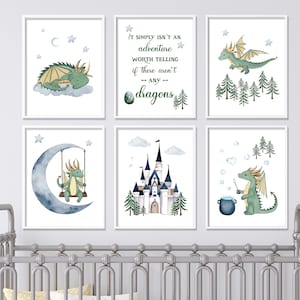 Set of 6 Watercolor Dragon Nursery Wall Art Prints Printables Green and Navy | Baby Dragons Kids Room Decor | Dragon Art | Digital Download