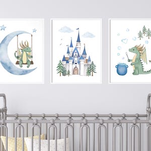 Set of 3 Watercolor Dragon Nursery Wall Art Castle Printables in Blue | Baby Dragons Kids Room Decor | Dragon Nursery Art | Digital Download