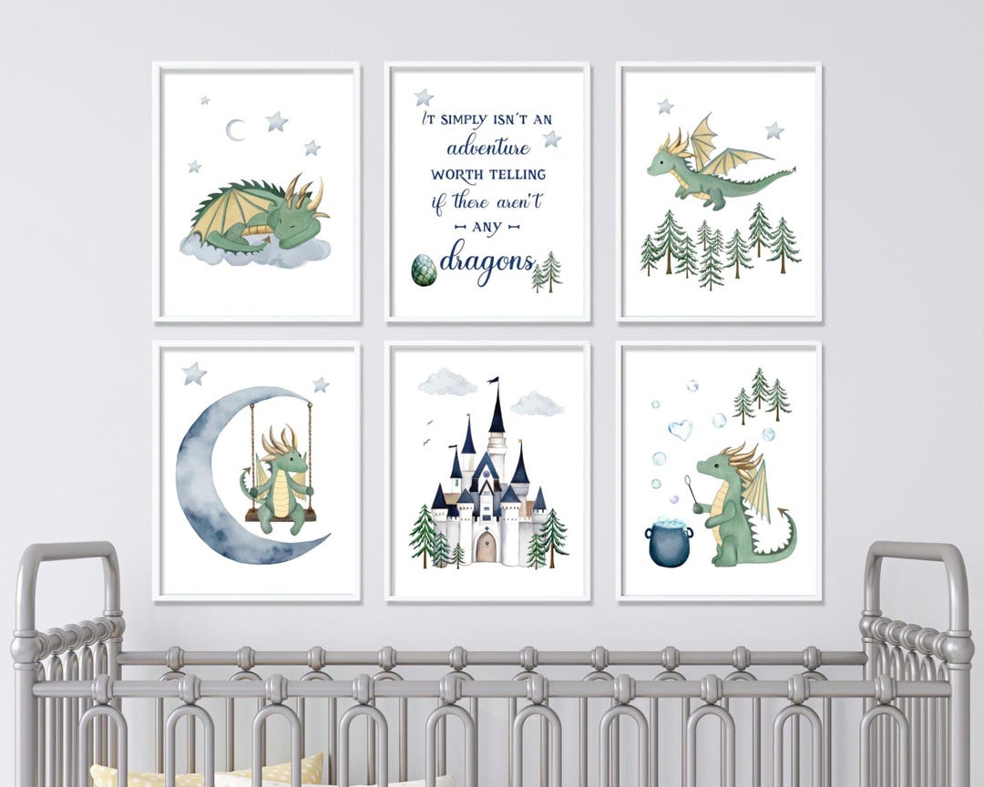 Set of 6 Watercolor Dragon Nursery Wall Art Prints Printables in Navy ...