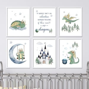 Set of 6 Watercolor Dragon Nursery Wall Art Prints Printables in Navy | Baby Dragons Kids Room Decor | Dragon Art | Digital Download