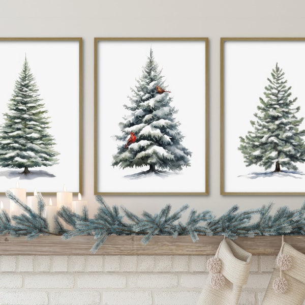 Ensemble de 3 sapins de Noël avec cardinaux à imprimer | Arbres à feuilles persistantes | Décoration de Noël | Décoration des Fêtes | Aquarelle de Noël