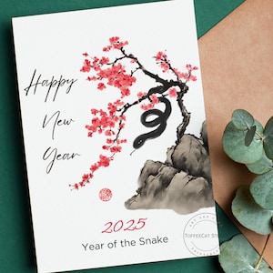 Cartão de Ano Novo Lunar de Cobra Pintada à Mão 2025 para Imprimir | Cartão de Feliz Ano Novo Chinês 2025 | Cartão de Feliz Ano Novo Lunar 2025 | Download Digital