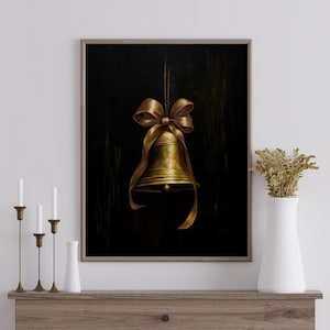Vintage Christmas Bell Wall Art Printable | Dark Moody Holiday Art Print | Gold Jingle Bell Wall Decor | Winter Decor | Digital Download