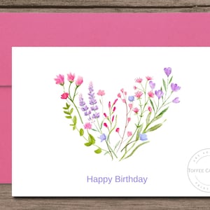 Watercolor Floral Heart Birthday Card Printable | Hand Painted Wildflowers Happy Birthday Card | Mom Sister Birthday Card | Digital Download