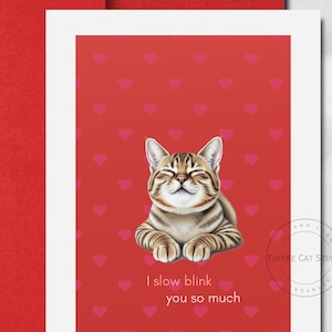 Katzen Liebe Karte Printable | Katzen-Valentinstag-Karte | Rote romantische Katzenkarte | Katzen Geburtstagskarte | Ich langsam blinken Sie Karte | Digitaler Download
