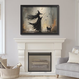 Halloween Witch and Black Cat Printable | Vintage Witch Art Print | Digital Download